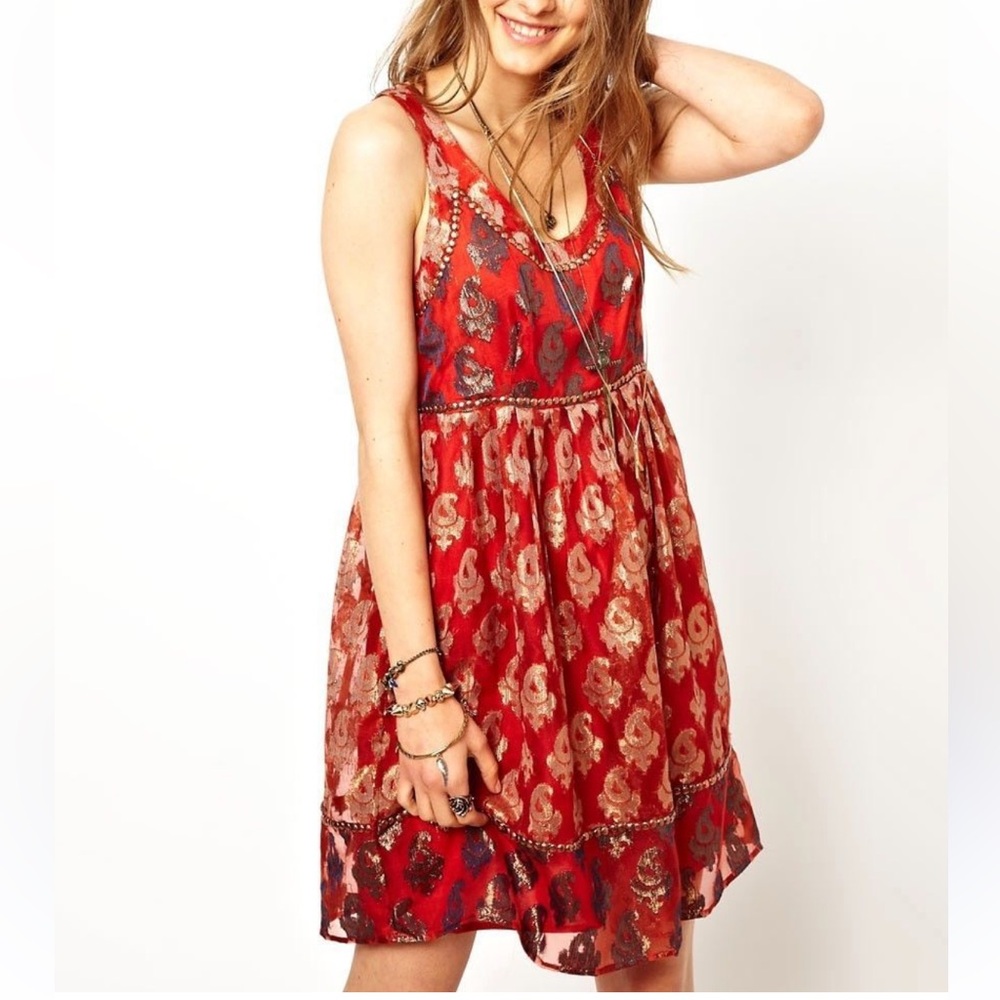 Free People Sz 0 Scarlet and Gold Patterned Mini Dress